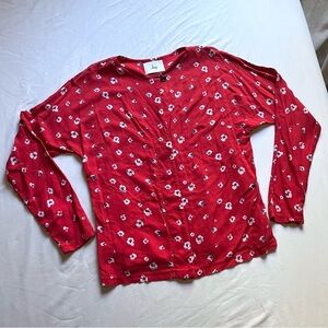 LOUP red floral rayon long sleeve button up shirt blouse‎